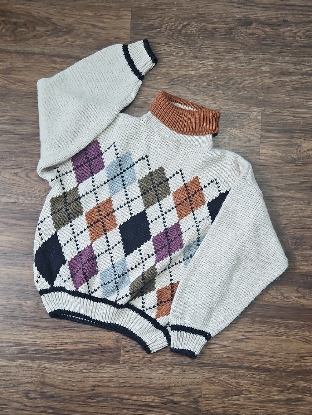 Vintage Midnight Blues Argyle Mock Neck Sweater Large